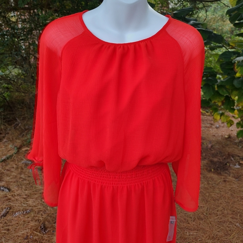 Maggie London Gauze Chiffon Smocked Waist Midi Dress Red Women's Size 8 - Picture 8 of 12